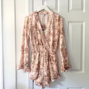 Agua Bendita Target Romantic Pink Floral Scallop Trim Long Sleeve Romper NWT XS
